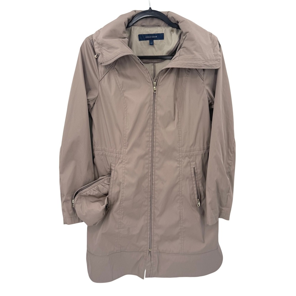 Cole Haan Woments Taupe Packable Hooded Rain Jacket Size Small Full Zip Coat